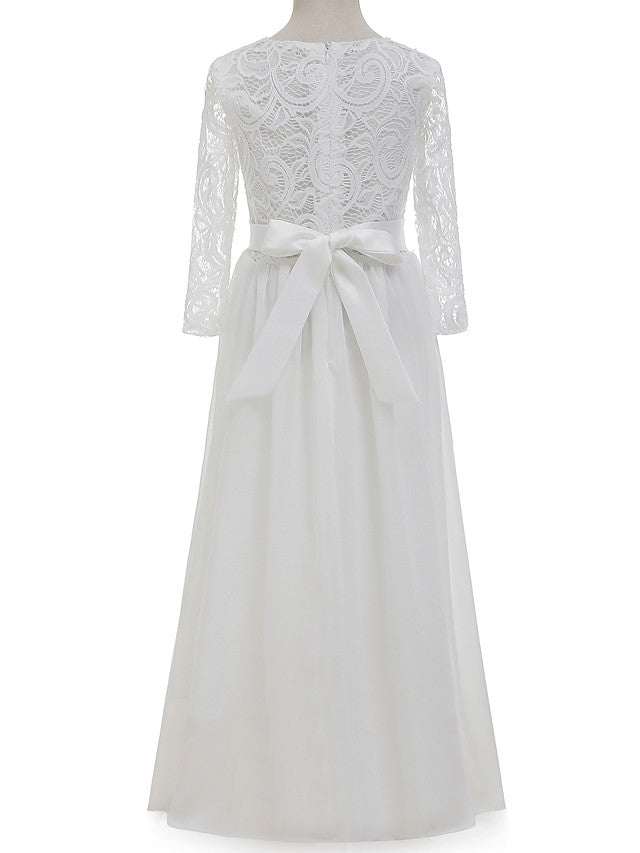 Lace Bow Jewel Neck Long Length Sheath Column Flower Girl Dress