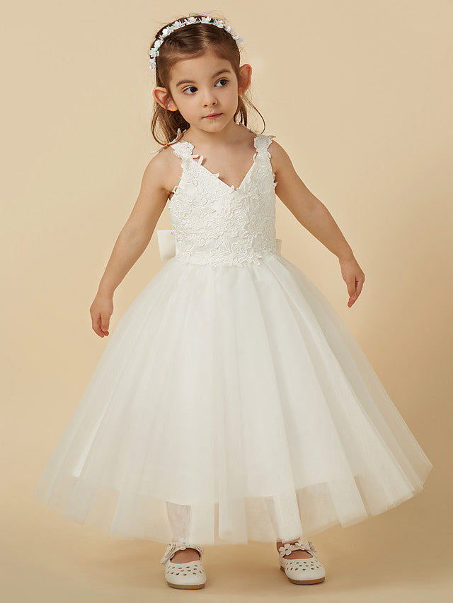 Lace Tulle A-Line Flower Girl Dress with Sleeveless V-Neck & Bow