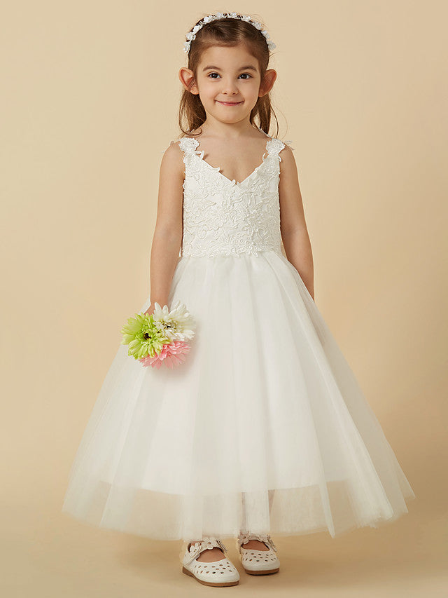 Lace Tulle A-Line Flower Girl Dress with Sleeveless V-Neck & Bow