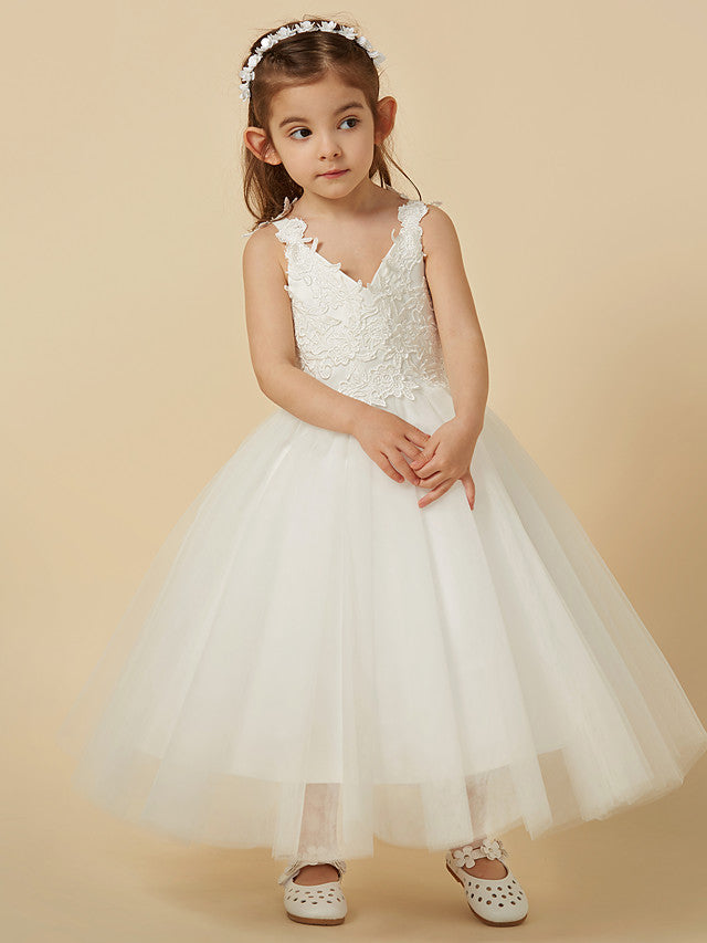 Lace Tulle A-Line Flower Girl Dress with Sleeveless V-Neck & Bow