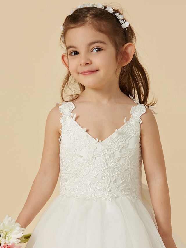 Lace Tulle A-Line Flower Girl Dress with Sleeveless V-Neck & Bow