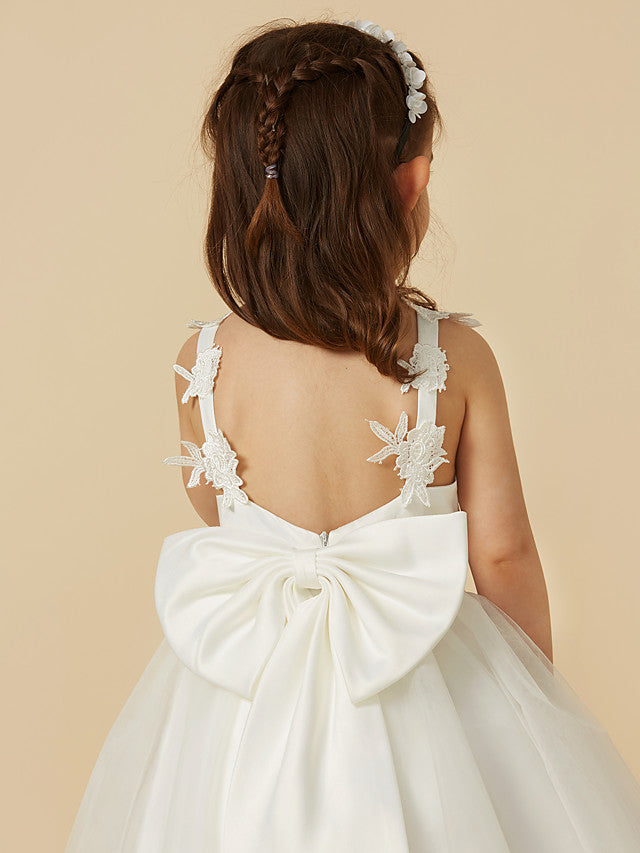 Lace Tulle A-Line Flower Girl Dress with Sleeveless V-Neck & Bow