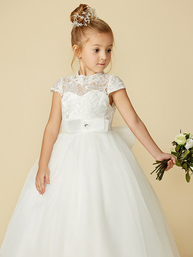 Lace Tulle Ball Gown with Short Sleeve High Neck & Sash Ribbon Bow for Flower Girl Dress