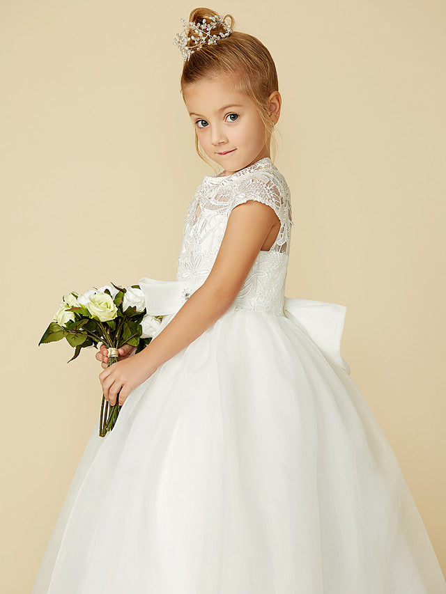 Lace Tulle Ball Gown with Short Sleeve High Neck & Sash Ribbon Bow for Flower Girl Dress