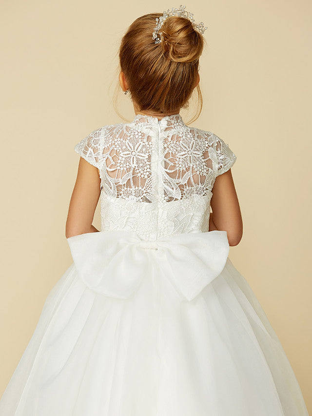 Lace Tulle Ball Gown with Short Sleeve High Neck & Sash Ribbon Bow for Flower Girl Dress