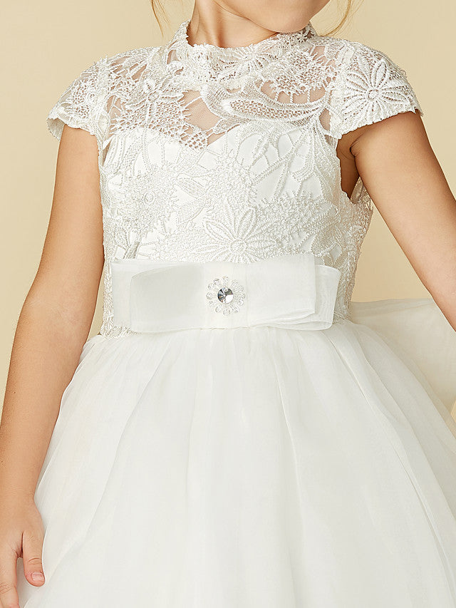 Lace Tulle Ball Gown with Short Sleeve High Neck & Sash Ribbon Bow for Flower Girl Dress