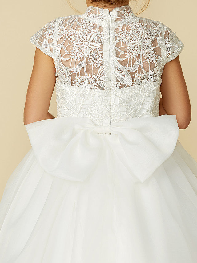 Lace Tulle Ball Gown with Short Sleeve High Neck & Sash Ribbon Bow for Flower Girl Dress