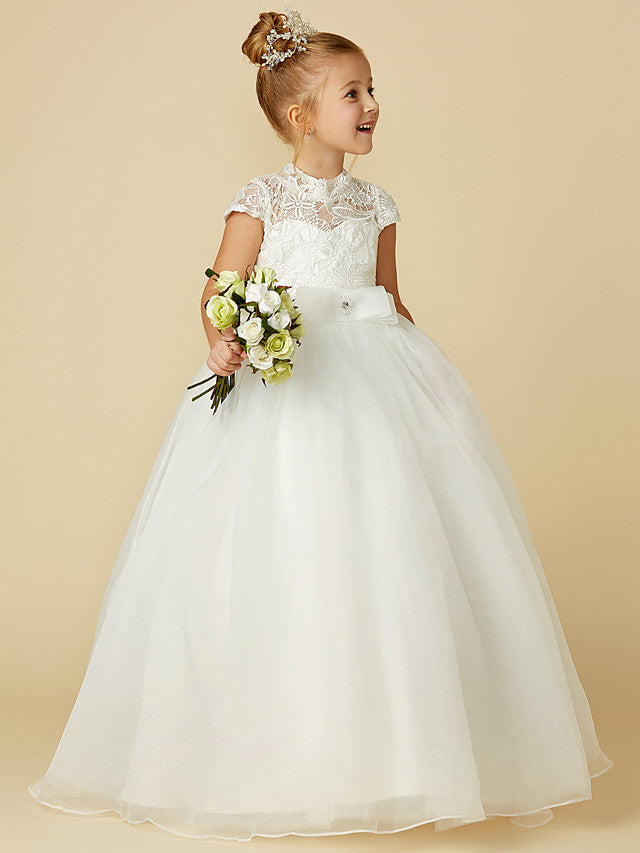 Lace Tulle Ball Gown with Short Sleeve High Neck & Sash Ribbon Bow for Flower Girl Dress