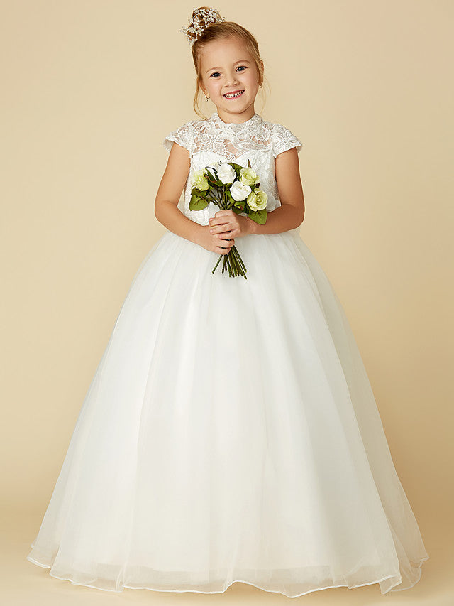 Lace Tulle Ball Gown with Short Sleeve High Neck & Sash Ribbon Bow for Flower Girl Dress