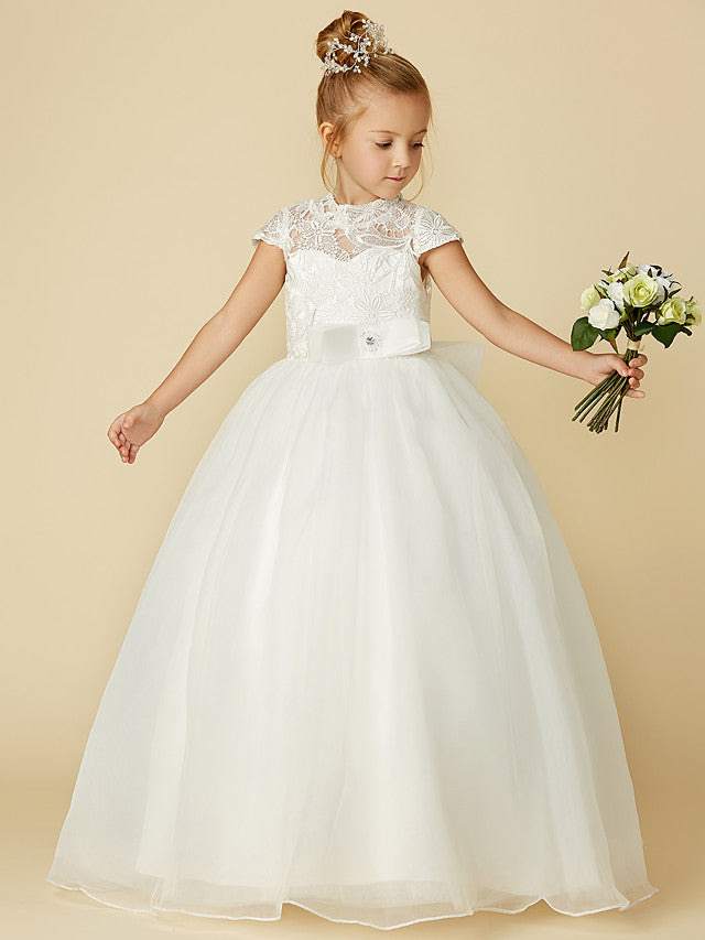 Lace Tulle Ball Gown with Short Sleeve High Neck & Sash Ribbon Bow for Flower Girl Dress