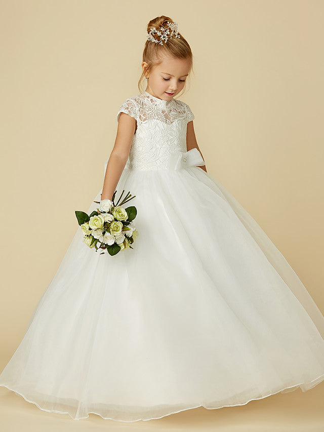 Lace Tulle Ball Gown with Short Sleeve High Neck & Sash Ribbon Bow for Flower Girl Dress