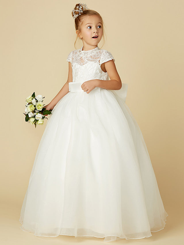 Lace Tulle Ball Gown with Short Sleeve High Neck & Sash Ribbon Bow for Flower Girl Dress