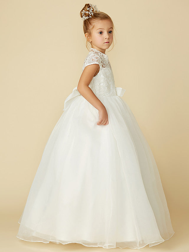 Lace Tulle Ball Gown with Short Sleeve High Neck & Sash Ribbon Bow for Flower Girl Dress
