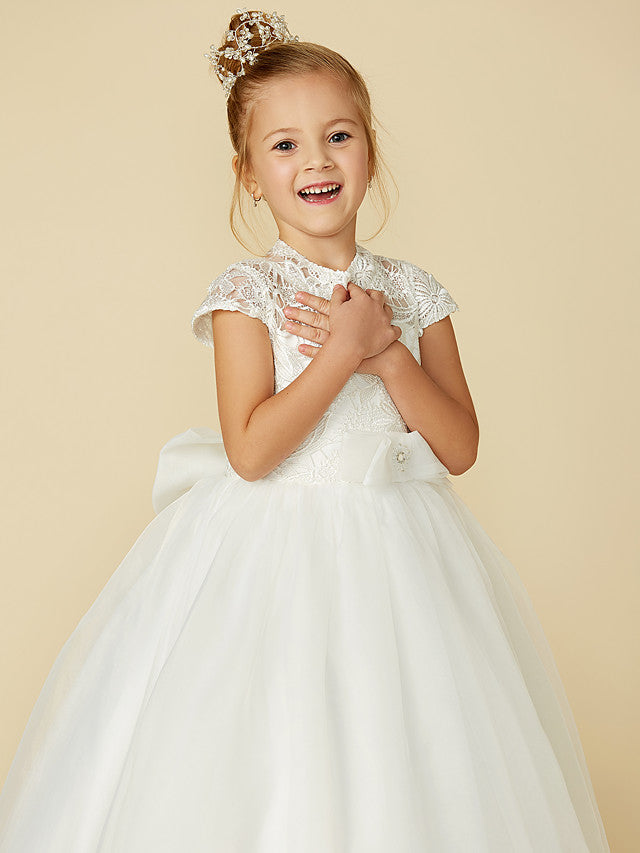 Lace Tulle Ball Gown with Short Sleeve High Neck & Sash Ribbon Bow for Flower Girl Dress