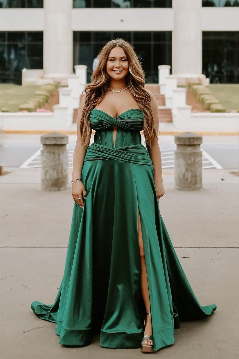 A Line Keyhole Burgundy Satin Slit Sweetheart Prom Dresses