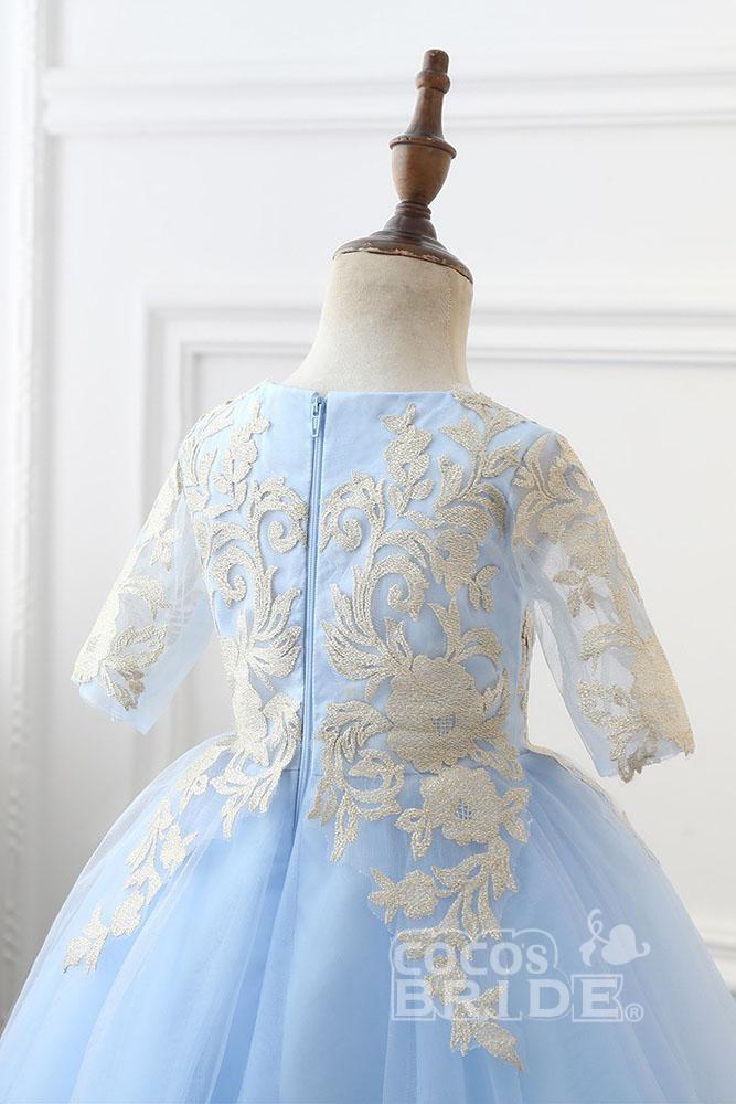 Light Blue Scoop Neck Half Sleeves Ball Gown Flower Girls Dress