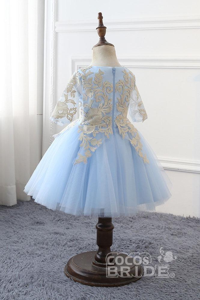 Light Blue Scoop Neck Half Sleeves Ball Gown Flower Girls Dress