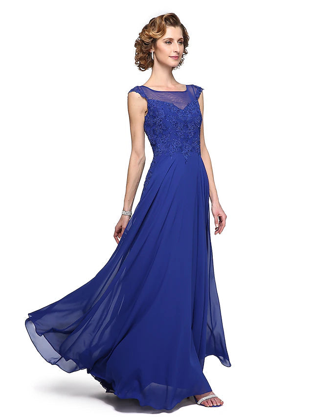 A-Line Mother of the Bride Dress Elegant Jewel Neck Ankle Length Chiffon Lace Sleeveless
