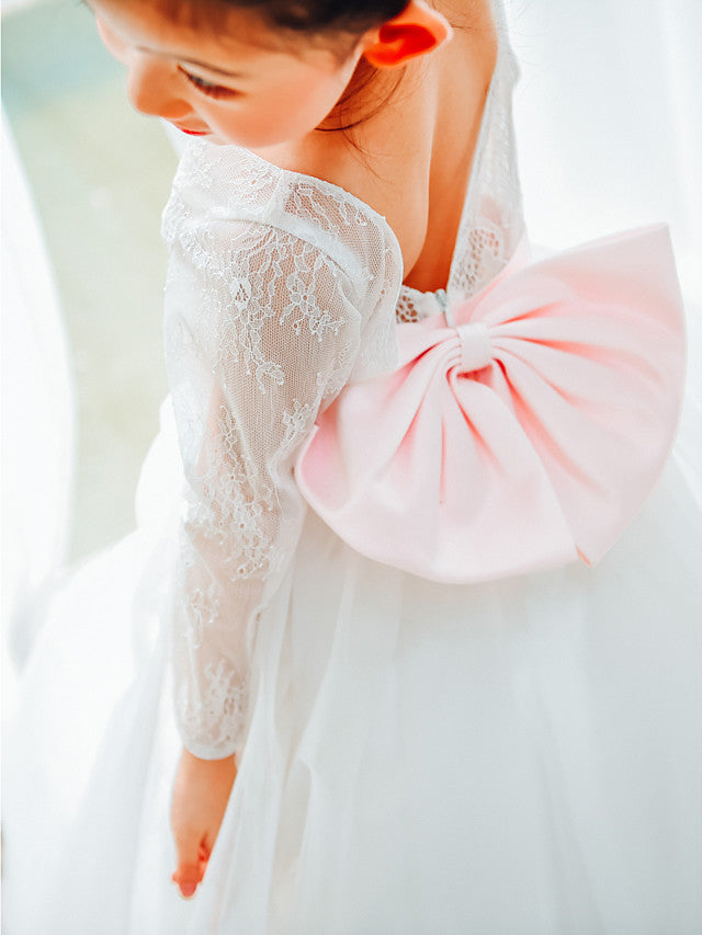Long Sleeve Flower Girl Dress with Lace Tulle and Bows Belt
