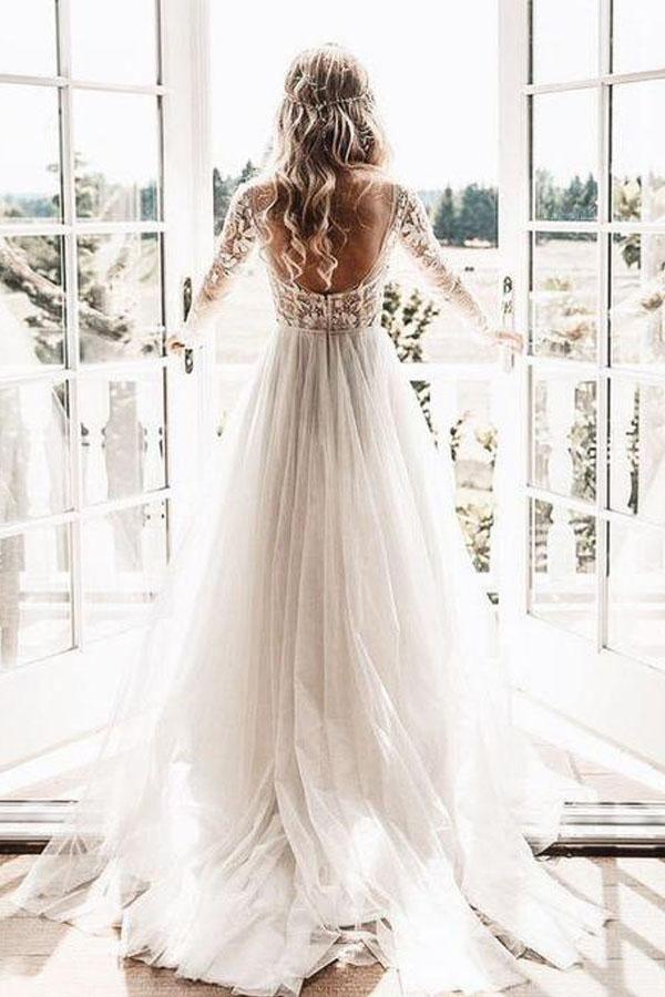 A-line Long Sleeve Ivory Tulle See Through Backless Wedding Dresses