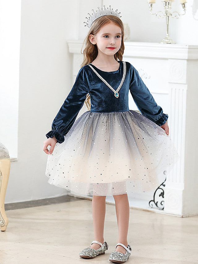 Long Sleeve Jewel Ball Gown Knee Length Flower Girl Dress with Crystals and Tulle Velvet