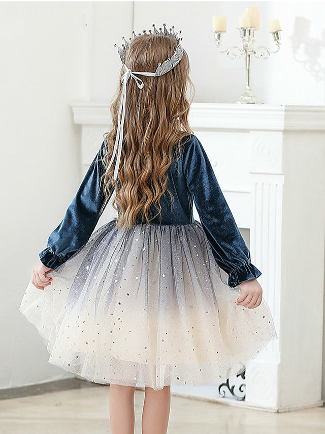 Long Sleeve Jewel Ball Gown Knee Length Flower Girl Dress with Crystals and Tulle Velvet
