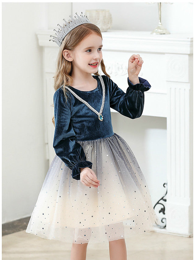 Long Sleeve Jewel Ball Gown Knee Length Flower Girl Dress with Crystals and Tulle Velvet