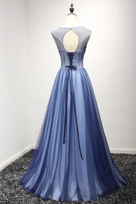 A Line Sheer Neck Rhinestones Long Tulle Prom Dress Floor Length Beautiful