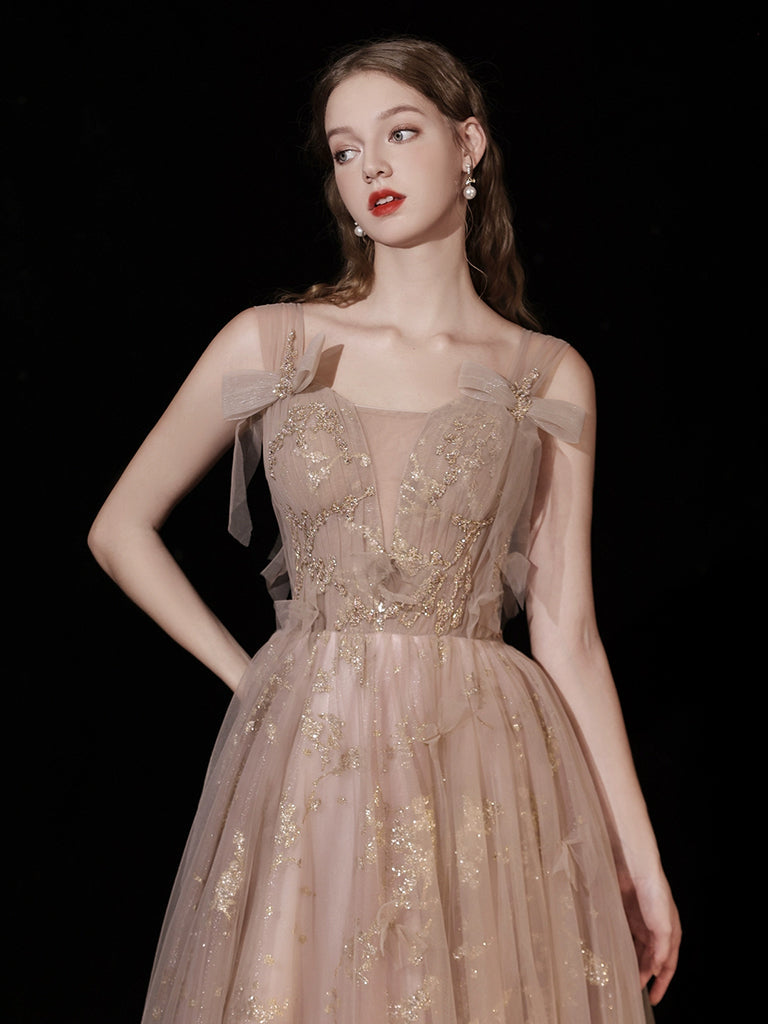 A-Line Champagne Tulle Lace Long Prom Dress, Champagne Long Evening Dress