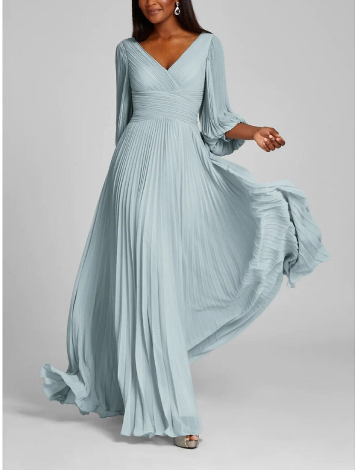A-Line Evening Gown Elegant Dress Formal Floor Length Half Sleeve V Neck Chiffon with Pleats Ruched