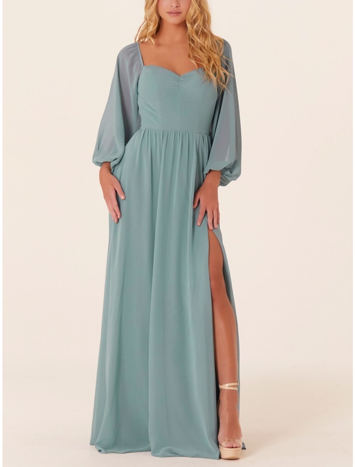 A-Line Bridesmaid Dress Square Neck Long Sleeve Elegant Sweep / Brush Train Chiffon with Split Front / Ruching