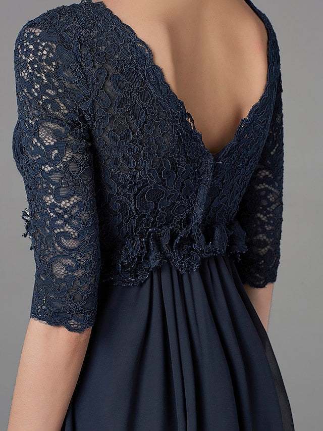 A-Line Mother of the Bride Dress Elegant & Luxurious V Neck Floor Length Chiffon Lace Half Sleeve with Lace