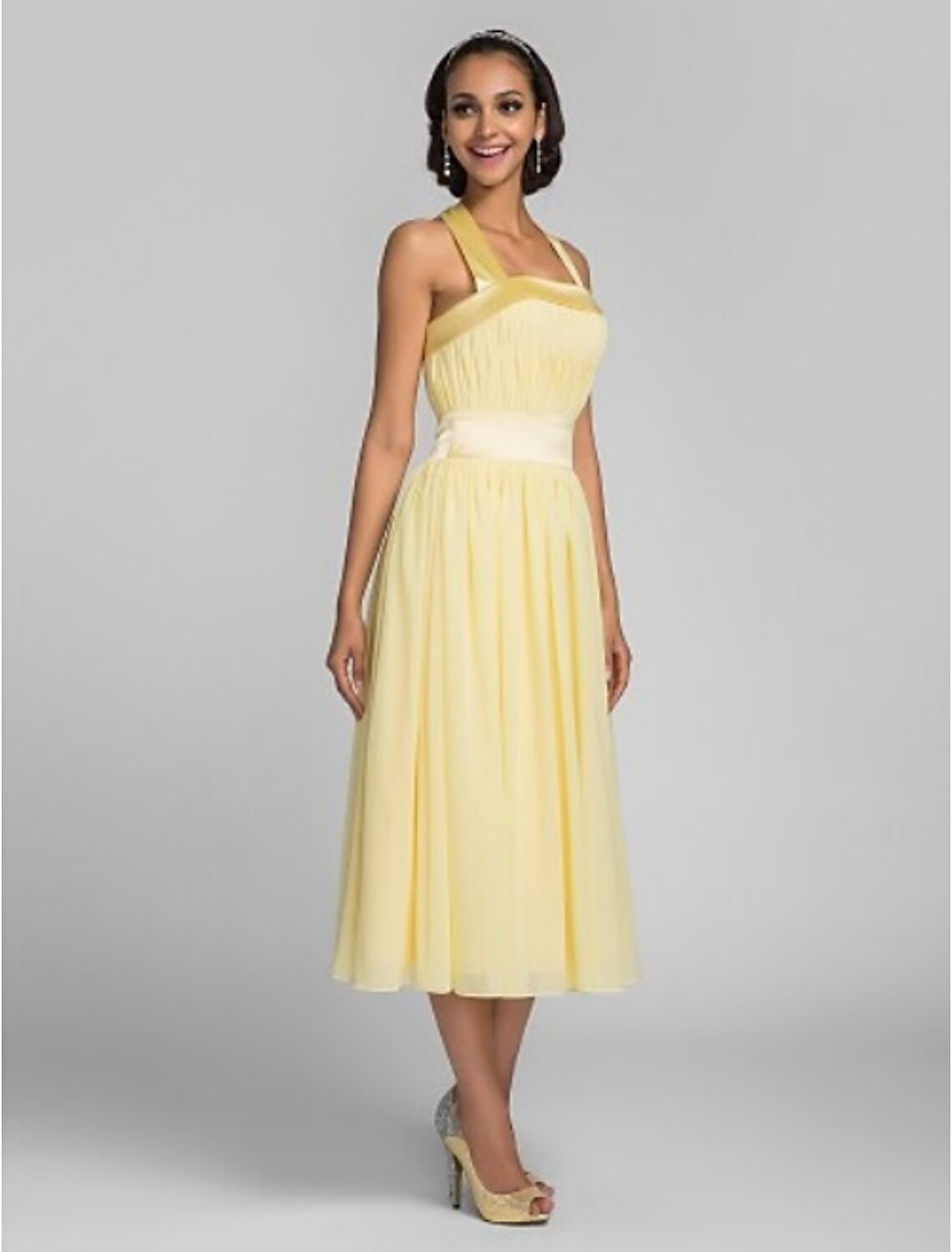 A-Line Halter Tea Length Chiffon Stretch Satin Bridesmaid Dress with Draping Bandage