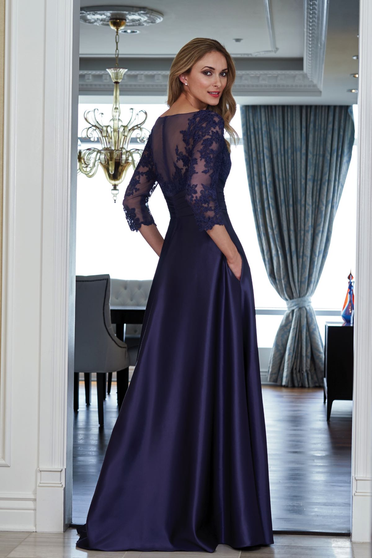 A-line boat collar satin lace 3/4 long sleeved and floor length mother of the bride dress