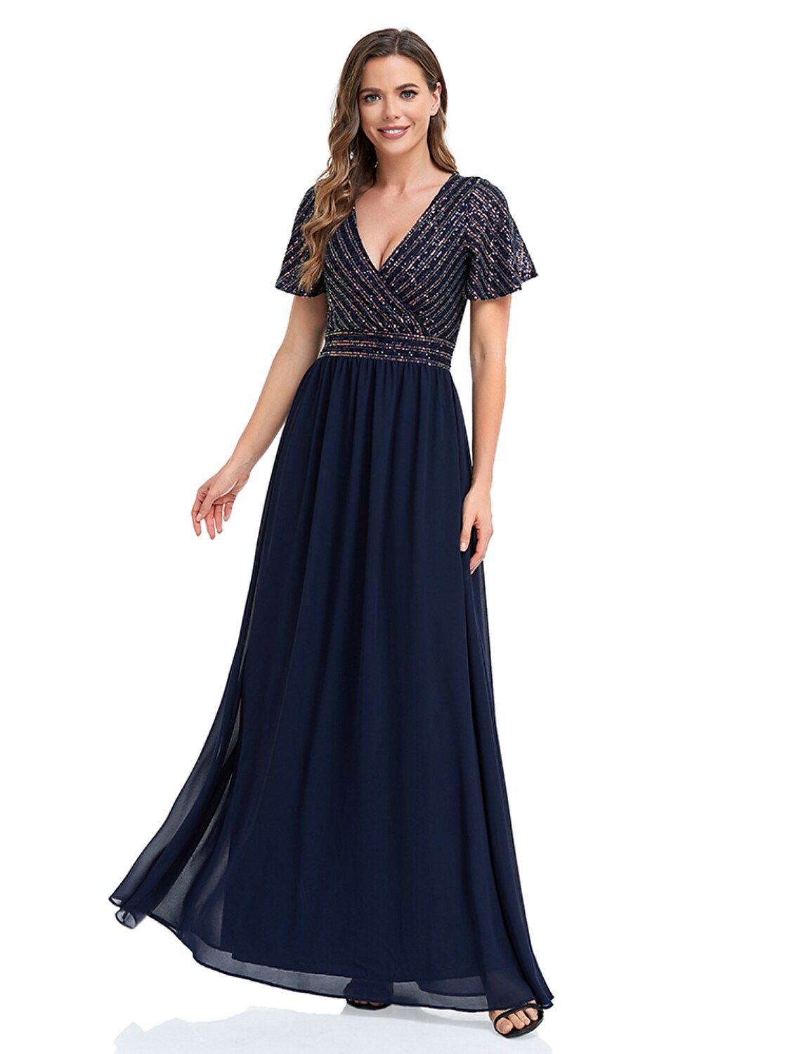A-Line  Evening Gown Elegant Dress Floor Length Short Sleeve V Neck Sequined