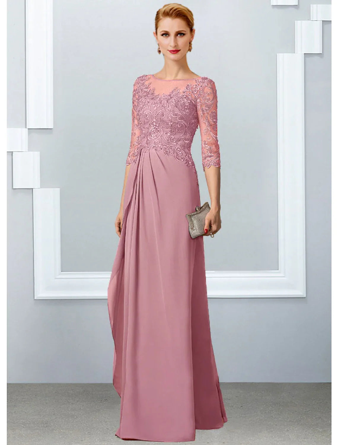 A-Line Mother of the Bride Dress Elegant Jewel Neck Floor Length Chiffon Lace Half Sleeve with Appliques