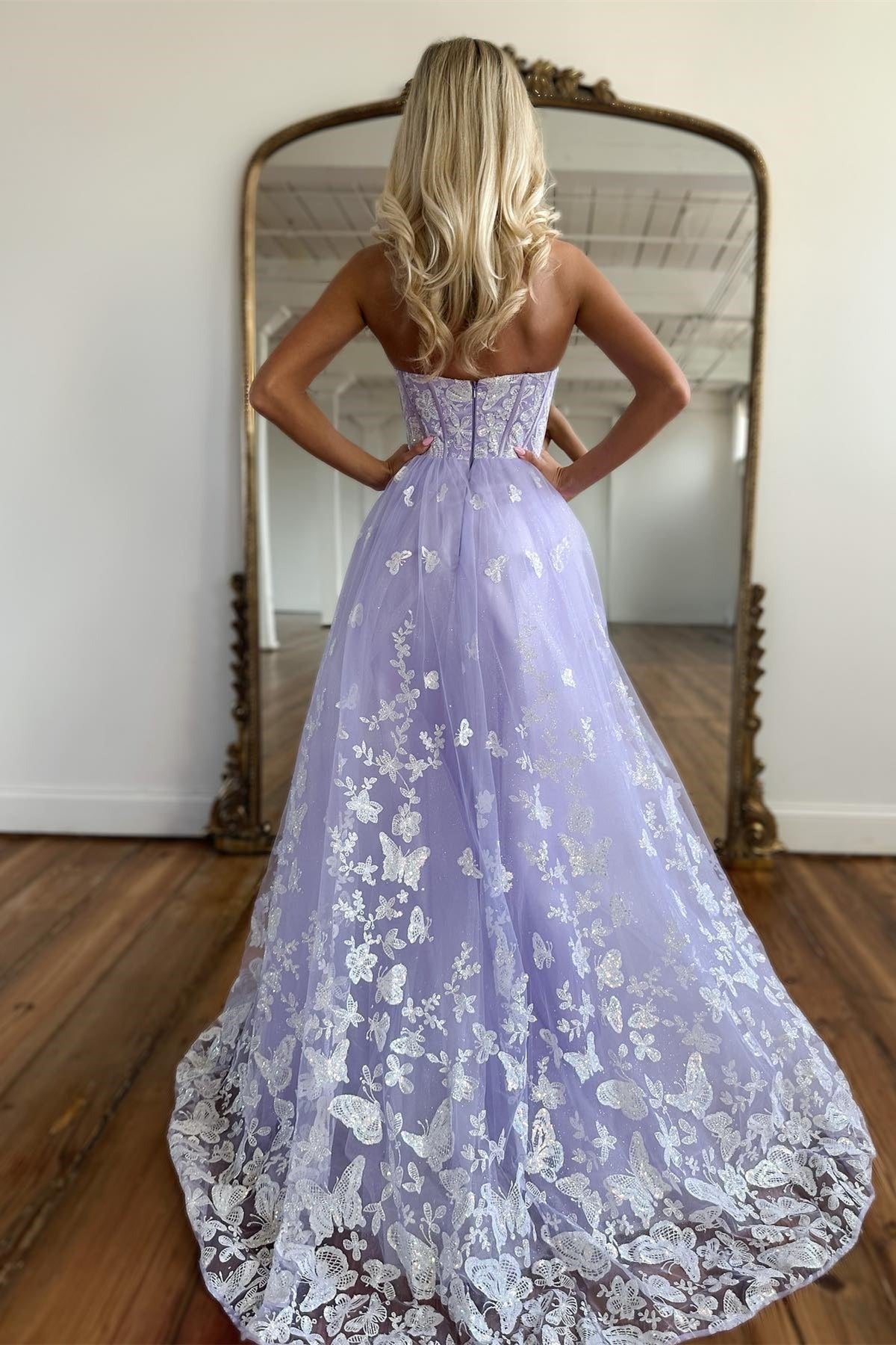 A Line Sweetheart Lavender Lace Tulle Long prom Dresses
