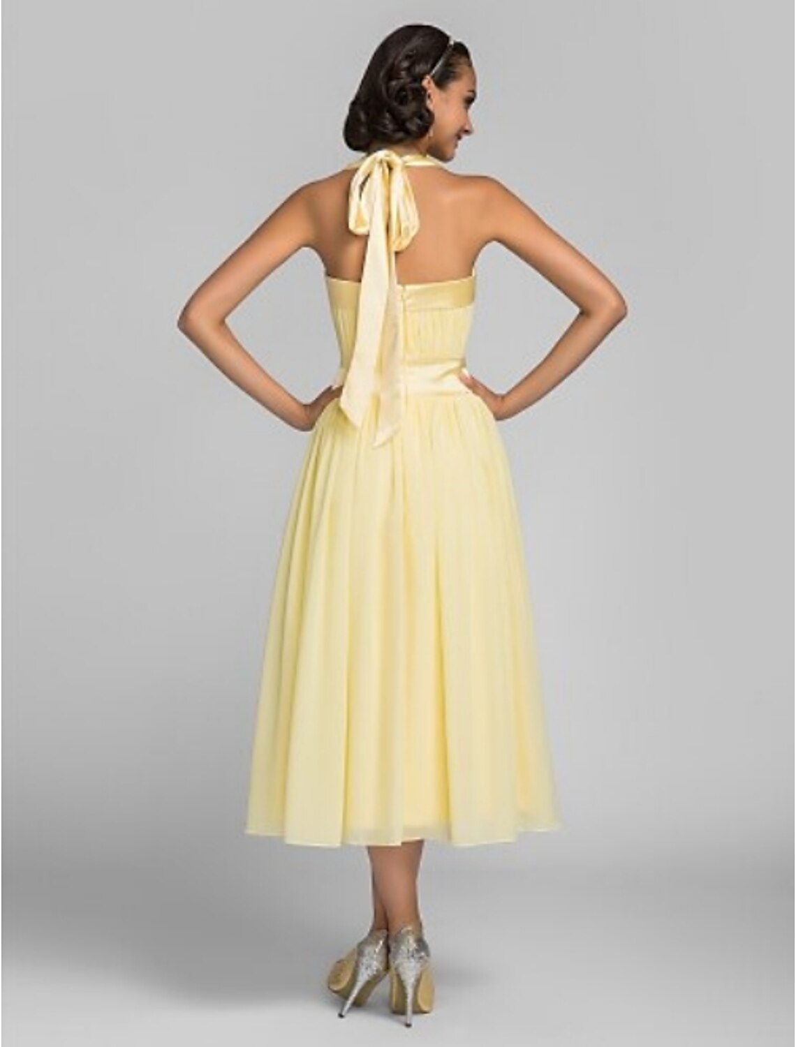 A-Line Halter Tea Length Chiffon Stretch Satin Bridesmaid Dress with Draping Bandage