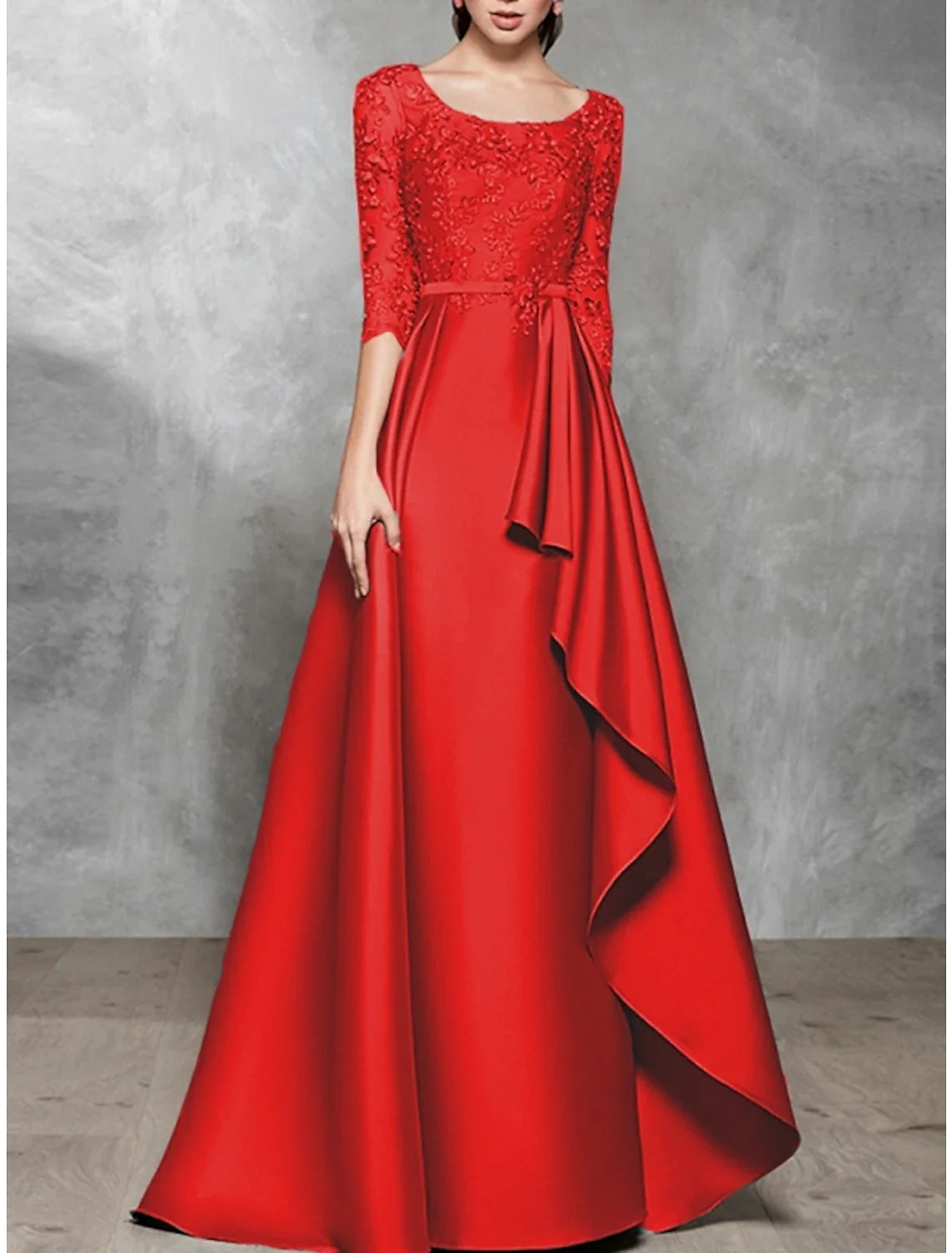 A-Line Evening Gown Black Dress Plus Size Elegant Dress Formal Wedding Floor Length Half Sleeve Scoop Neck Satin with Pleats 2025