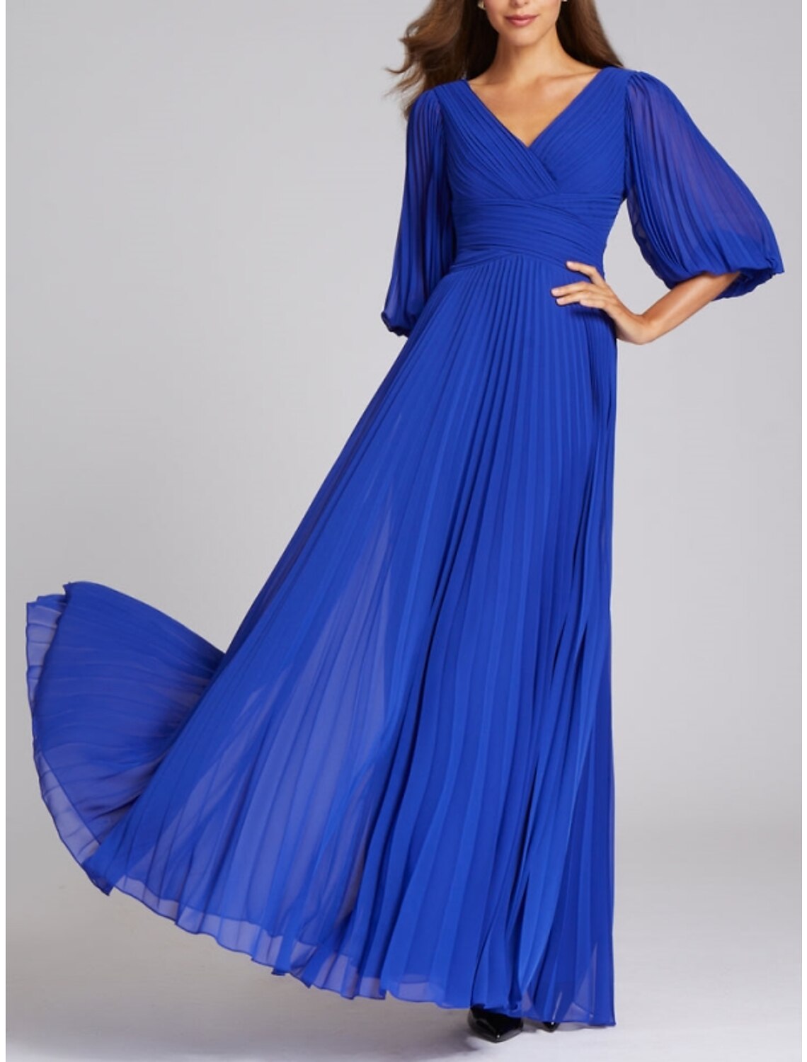 A-Line Evening Gown Elegant Dress Formal Floor Length Half Sleeve V Neck Chiffon with Pleats Ruched
