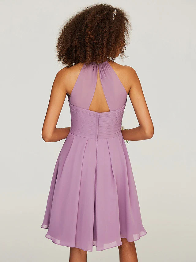 A-Line Bridesmaid Dress Halter Neck Sleeveless Keyhole Knee Length Chiffon with Ruffles