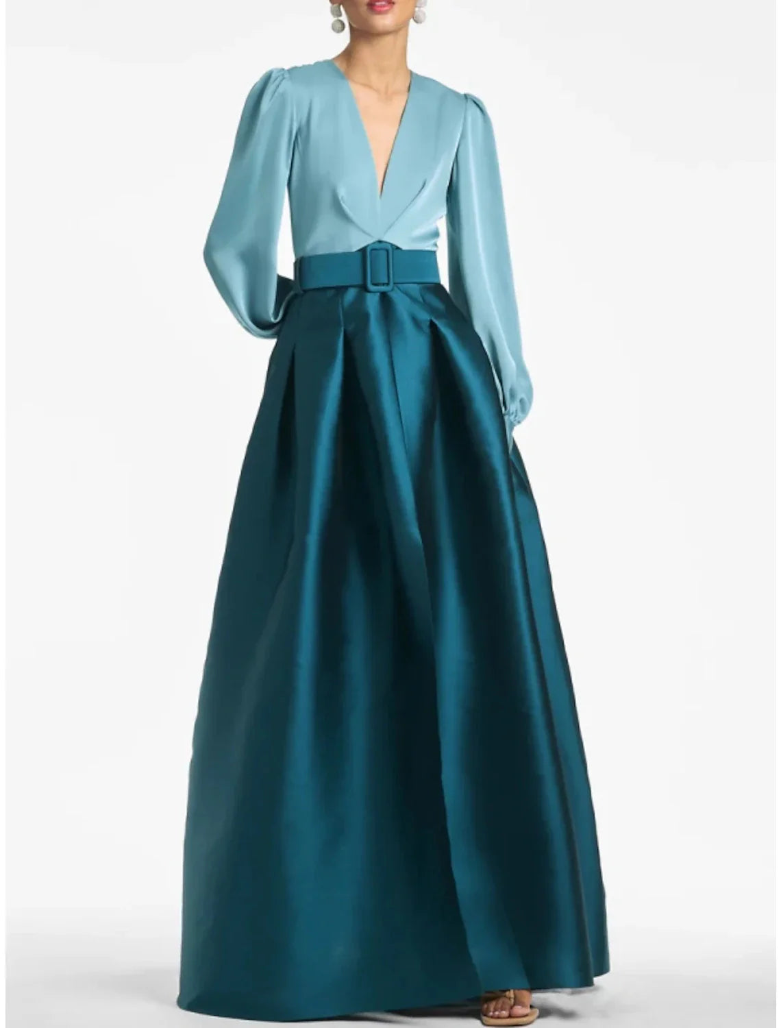 A-Line Evening Gown High Split Wedding Guest Dress Formal Fall Floor Length Long Sleeve V Neck Belt / Sash Satin with Pleats Slit