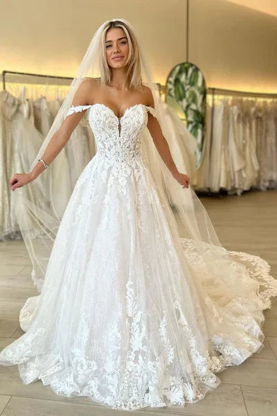 A Line Off the Shoulder Romantic Lace Wedding Dress Bridal Gown Sexy No With Wedding Veil