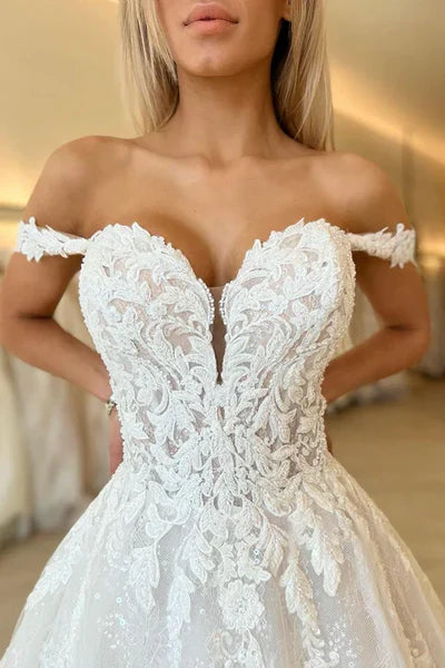 A Line Off the Shoulder Romantic Lace Wedding Dress Bridal Gown Sexy No With Wedding Veil