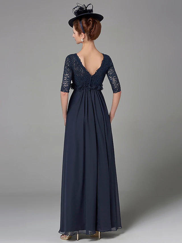 A-Line Mother of the Bride Dress Elegant & Luxurious V Neck Floor Length Chiffon Lace Half Sleeve with Lace