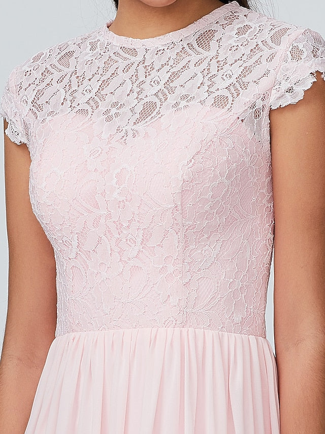 A-Line Bridesmaid Dress Jewel Neck Sleeveless Elegant Floor Length Chiffon with Lace 2022 / Sparkle & Shine