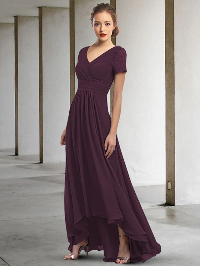 A-Line Mother of the Bride Dress Elegant High Low V Neck Asymmetrical Floor Length Chiffon Short Sleeve with Pleats