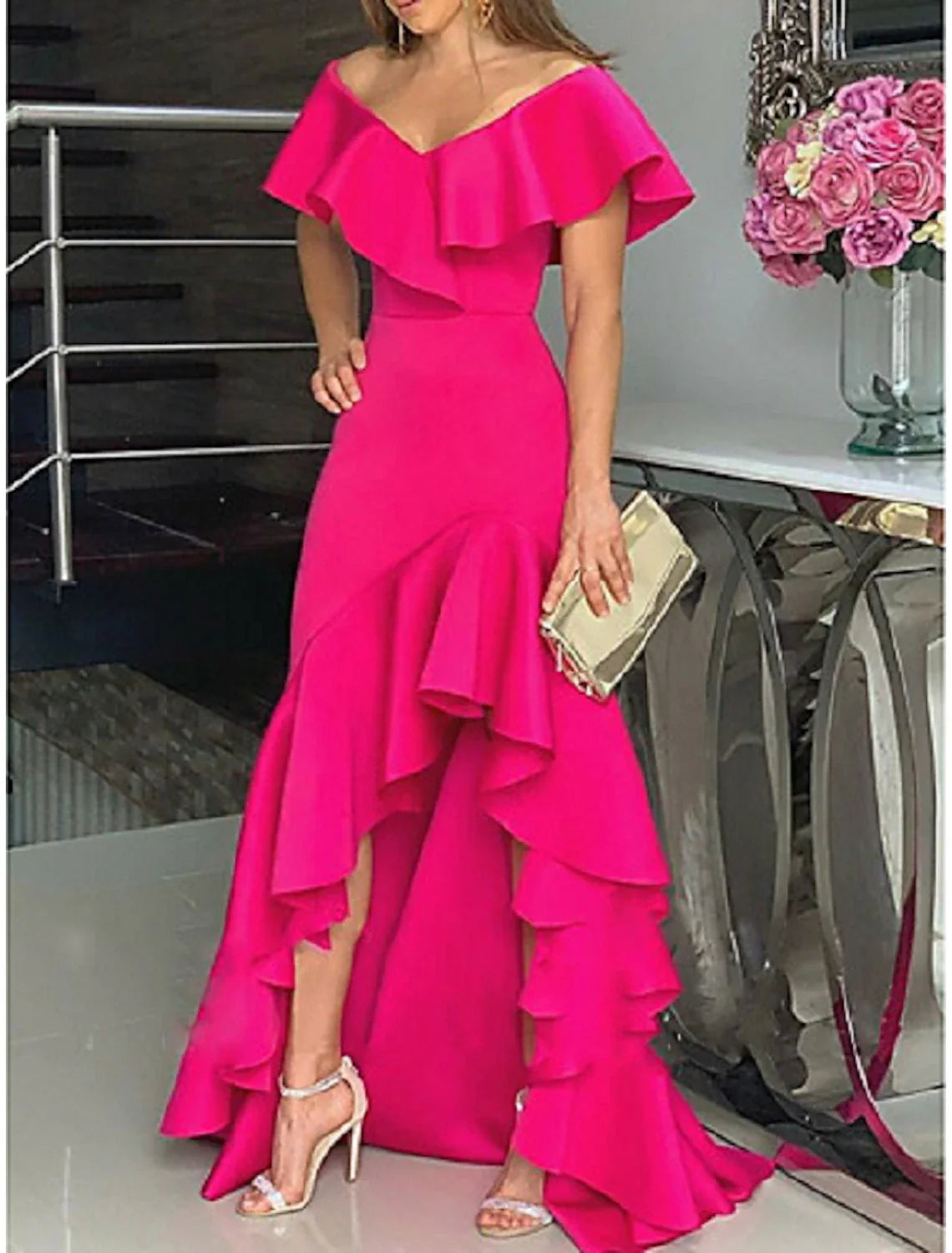 A-Line Evening Gown Minimalist Dress Wedding Guest Homecoming Asymmetrical Sleeveless Off Shoulder  Satin with Ruffles Slit