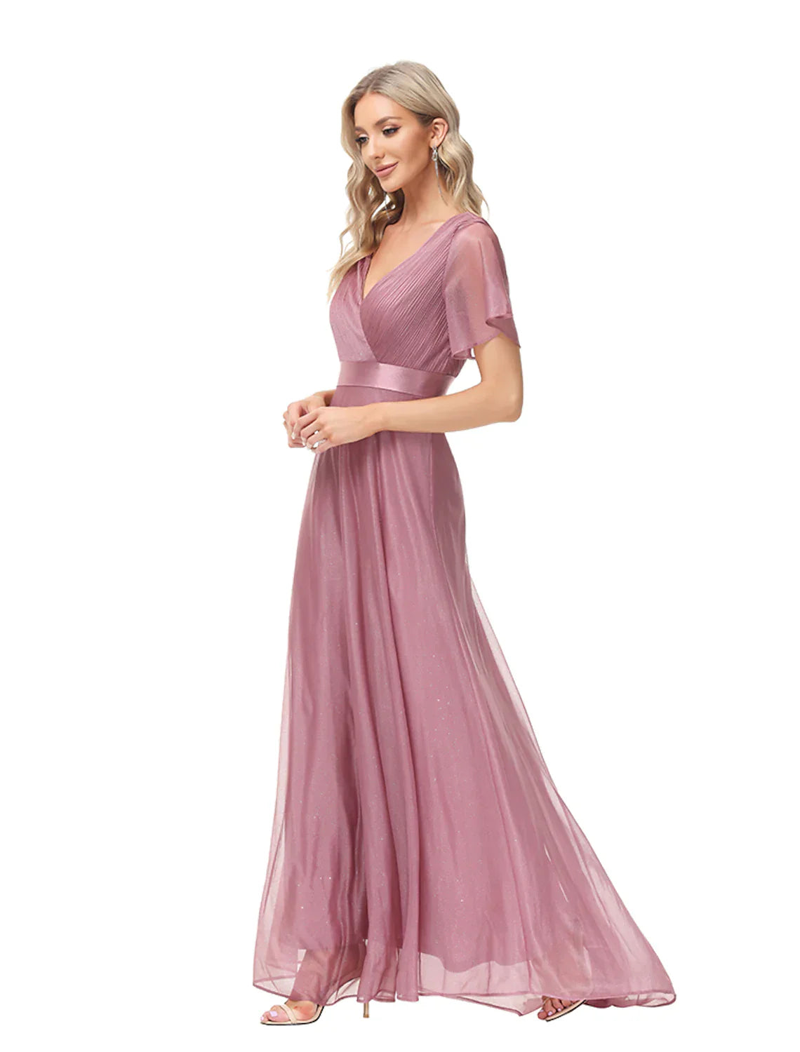 A-Line Evening Gown Dress Wedding Floor Length Short Sleeve V Neck Tulle with Ruched Ruffles