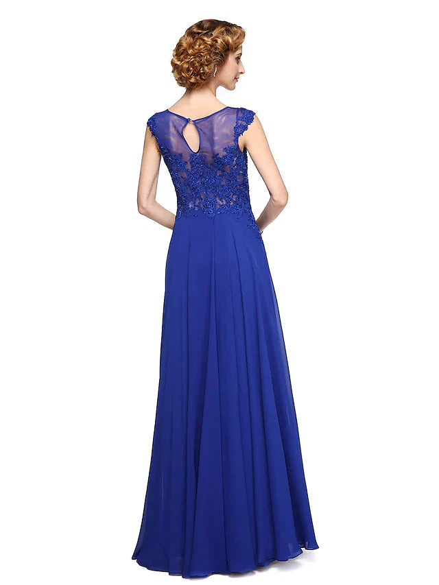A-Line Mother of the Bride Dress Elegant Jewel Neck Ankle Length Chiffon Lace Sleeveless with Appliques
